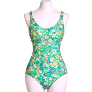 Vintage 90s Y2K Lilly Pulitzer Green Floral One Piece Swimsuit Scoop Back M